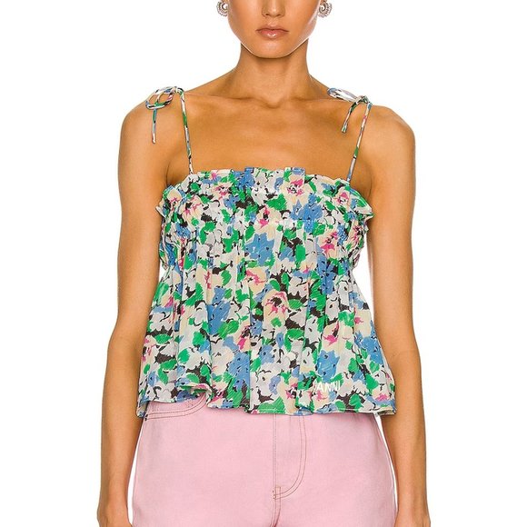 GANNI Light Cotton Tank In Floral Azure Blue - Picture 2 of 6